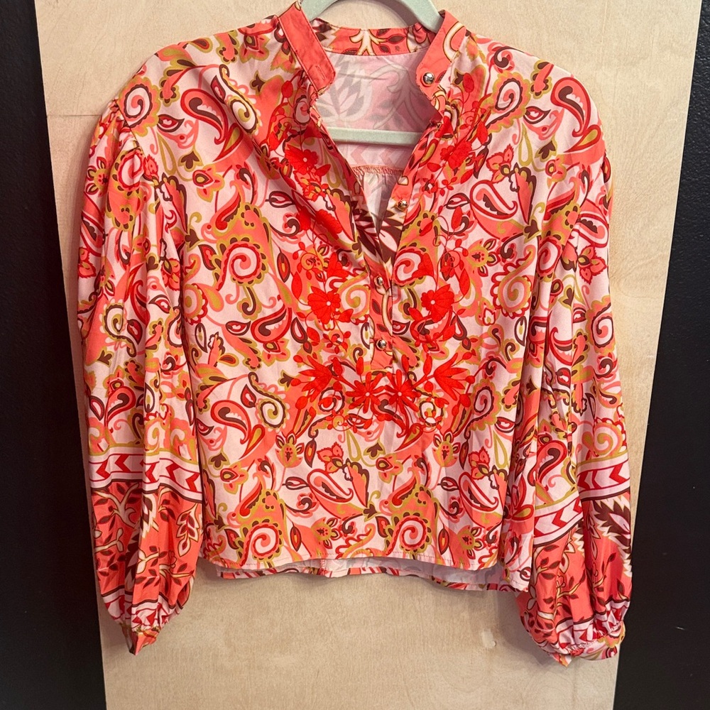 Womens Pink & Coral Paisley Print Long-Sleeve Blouse